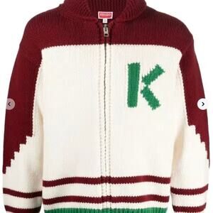 KENZO: Men's 100% Wool Intarsia Knit Full Zip Cardigan - S
